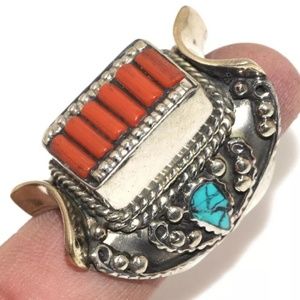 New Turquoise & Red Coral Tribal 925 Silver Ring.